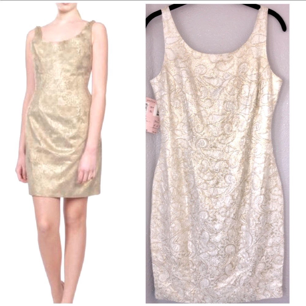 Vintage Carmen Marc Valvo 90’s Gold Metallic Embellished Jacquard Mini D…